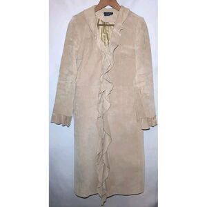 BOSTON PROPER 100% Leather Long Coat Jacket Ruffle‎ Collar Neutral Tan Women's 4